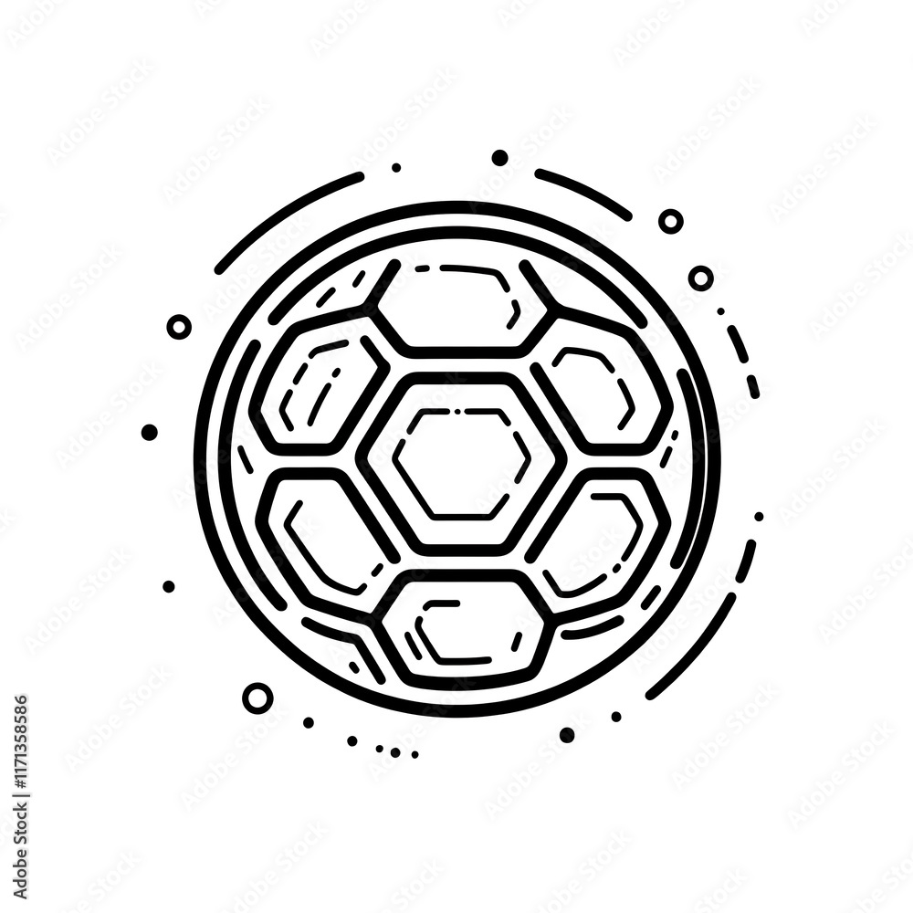 Obraz premium A classic black and white illustration of a soccer ball with a slight vintage look isolated on a black background.PNG
