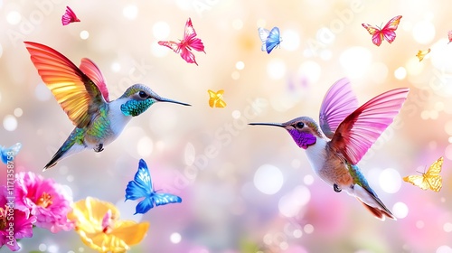 Two vibrant hummingbirds in flight amidst colorful butterflies and flowers.