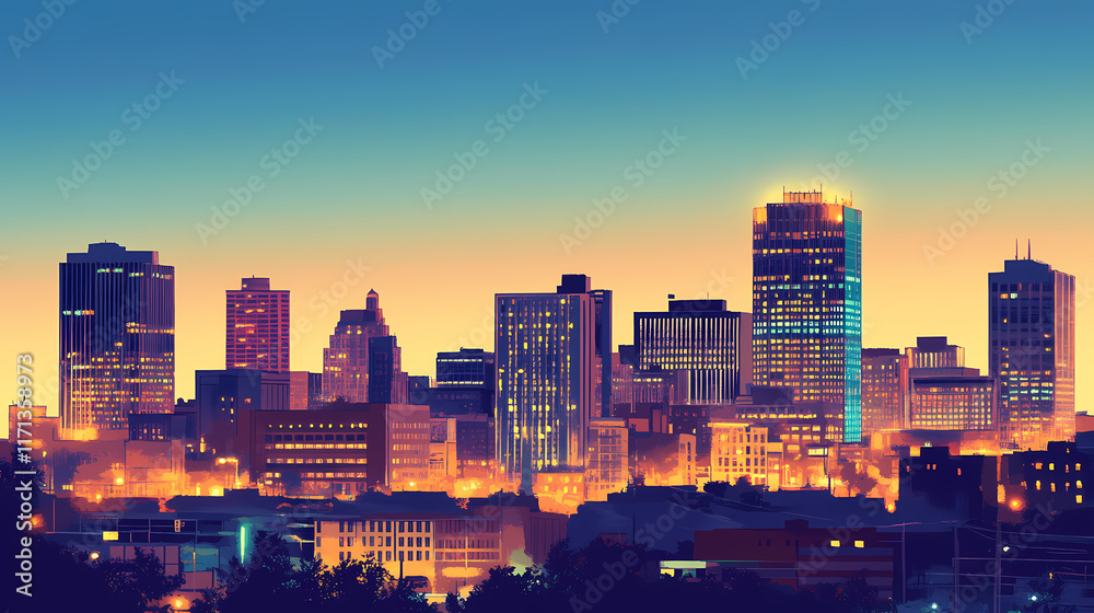 Fototapeta premium Beautiful youngstown ohio skyline at dusk with illuminated buildings and clear blue sky background. Twilit. Illustration
