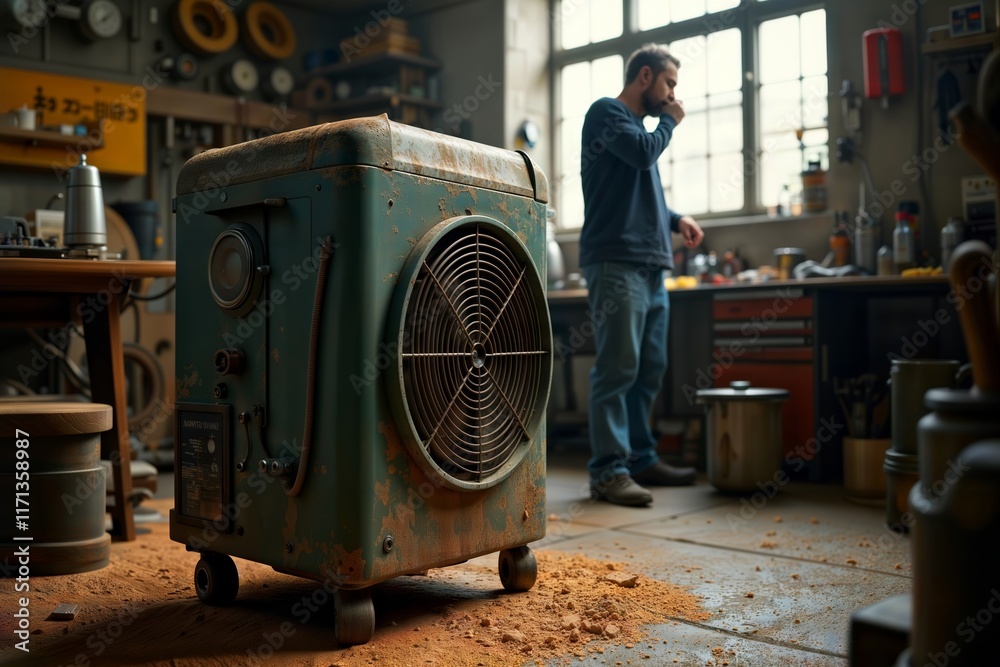 Vintage air conditioner in workshop. An old, dusty portable air conditioner sits in a cluttered workshop, highlighting its vintage charm.