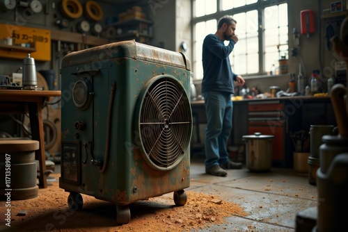 Obraz na płótnie Vintage air conditioner in workshop. An old, dusty portable air conditioner sits in a cluttered workshop, highlighting its vintage charm. w salonie