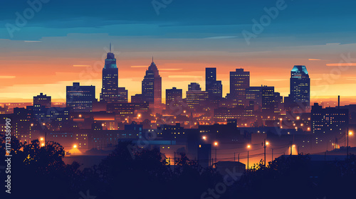 Beautiful youngstown ohio skyline at dusk with illuminated buildings and clear blue sky background. Twilit. Illustration photo