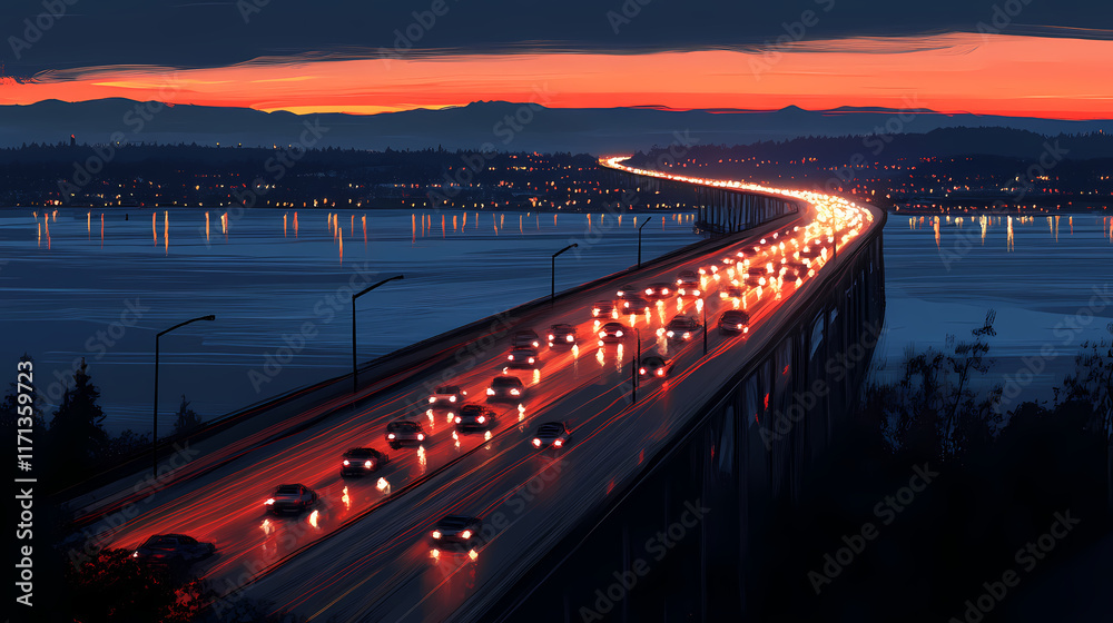 Obraz premium Capturing the flow of traffic on a bridge entering oregon at dusk in low light, with the glow of headlights and city lights reflecting on the water below. Twilit. Illustration