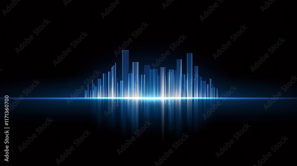 Glowing blue cityscape reflected on dark water. Glowing blue cityscape reflected on dark water.