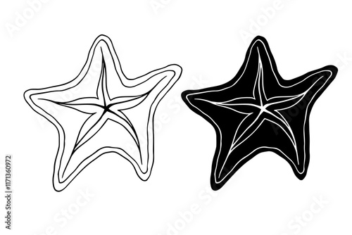 Line sketch, silhouette, stamp of aquatic inhabitants of starfish. Vector graphics.