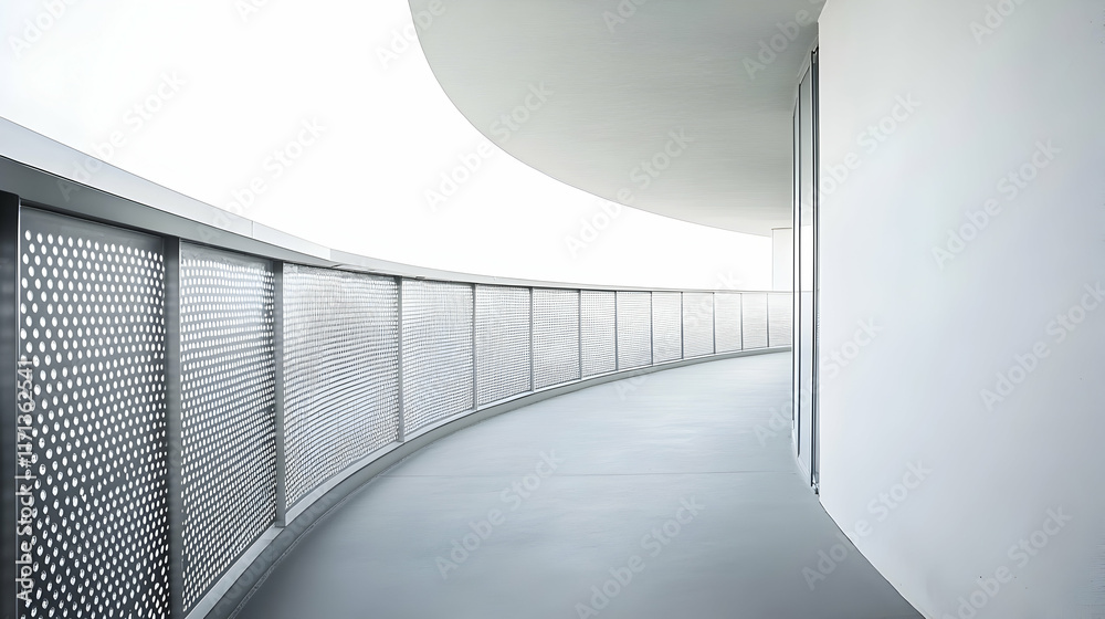 Obraz premium Curved balcony with perforated metal railings and smooth concrete flooring, designed for a modern urban apartment complex