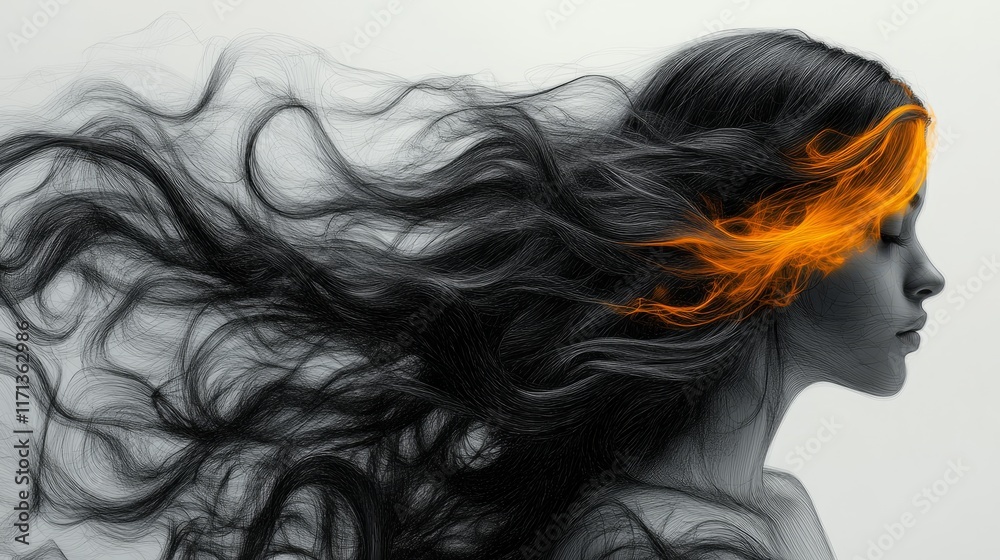 A woman gracefully embodies the dance of fire and hair, merging elegance with strength and emotion A woman gracefully embodies the dance of fire and hair, merging elegance with strength and emotion