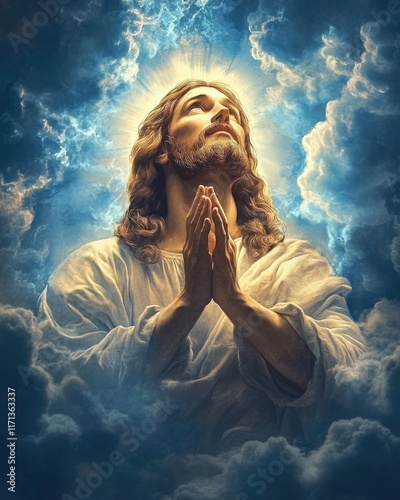 Jesus, bathed in radiant light, looks upward with hands clasped in prayer.
 photo