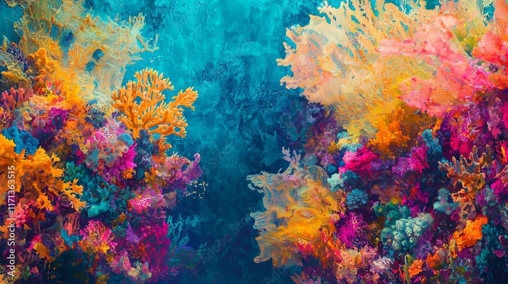 Vibrant underwater coral reef teeming with life and color during a calm sunny day Vibrant underwater coral reef teeming with life and color during a calm sunny day