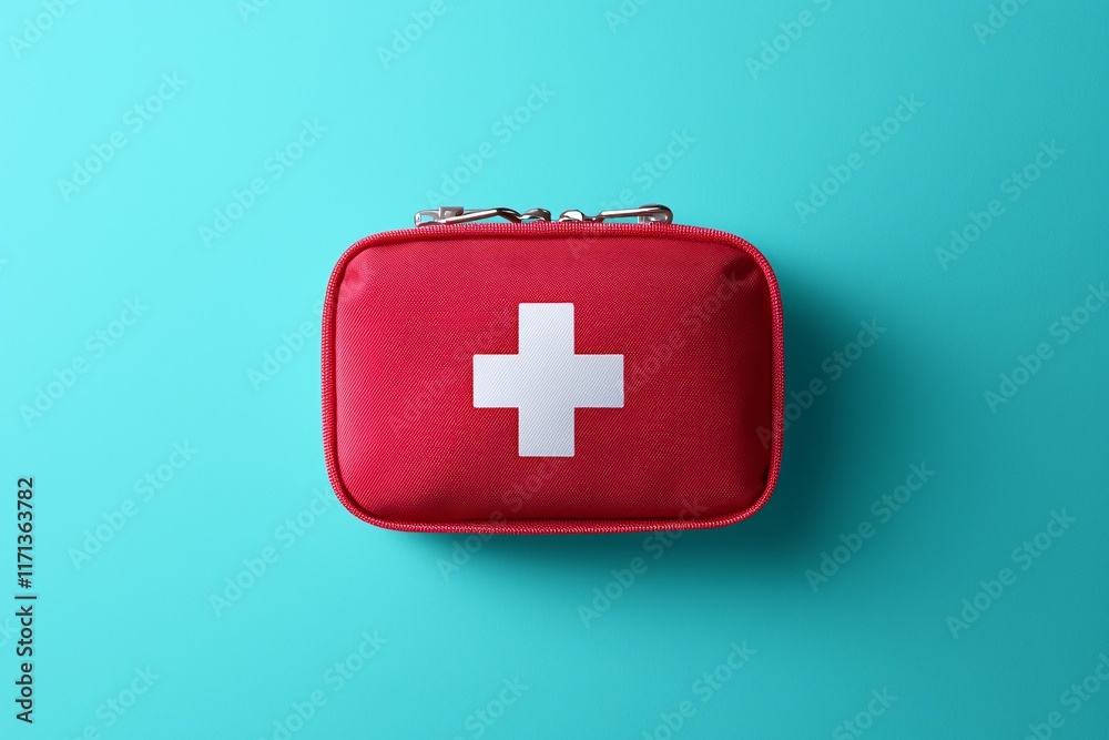 Obraz premium Red First Aid Kit Medical Supplies Emergency Bag Healthcare Safety Travel Essentials Health