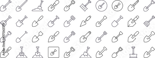 Pack of Shovel Related Line Icons. Outline Signs for Graphic and Web Design, Apps, Adverts, Various Cards