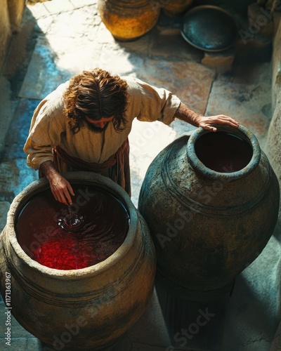 Jesus’ first Miracle: water to wine. Jesus turning water into wine at a wedding feast.
