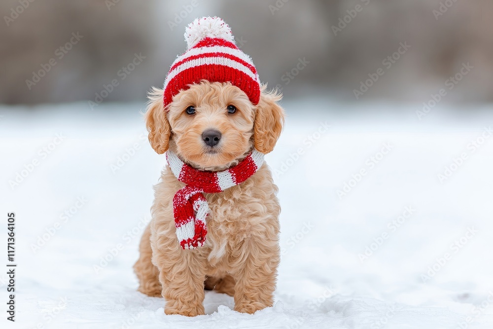 A doodle dog wearing a red scarf and hat, set against a snowy backdrop. A doodle dog wearing a red scarf and hat, set against a snowy backdrop.