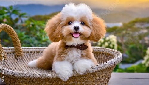 Adorable Smile Maltipoo Puppy A Charming Brown and White Maltese Poodle Mix Dog, Perfect for Families and Pet Lovers, Isolated on a Clean Background, Capturing Its Cuteness and Playfulness. photo