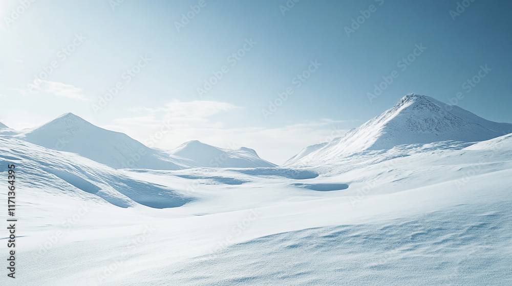 A breathtaking landscape of pristine snow-covered mountains under a clear blue sky, Serene snowy mountain landscape in soft light.