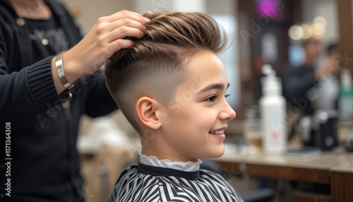 Smiling Young Boy Getting a Haircut in a Barbershop