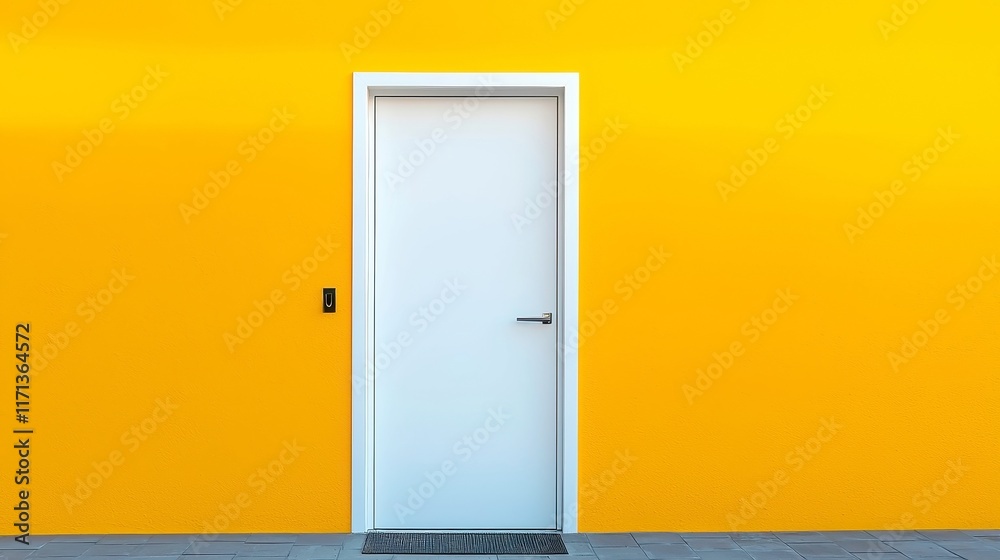 Bright white door against a vibrant yellow wall, symbolizing openness and creativity, ideal for a modern business environment, inviting and engaging atmosphere. Bright white door against a vibrant yellow wall, symbolizing openness and creativity, ideal for a modern business environment, inviting and engaging atmosphere.