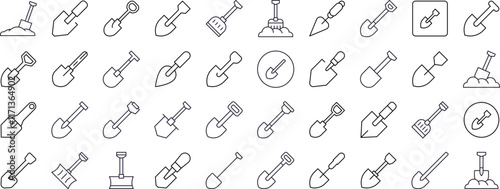 Shovel Line Icon Pack. Outline Signs for Graphic and Web Design, Apps, Adverts, Various Cards