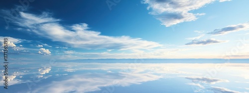 A breathtaking view of the Salar de Uyuni salt flats in Bolivia, with a mirror-like reflection of the sky creating an infinite horizon, Salt flats scene
