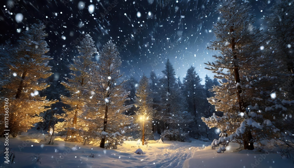 Enchanting Snowfall at Night in a Dark Forest A Serene Winter Wonderland Illuminated by Twinkling Stars and Soft Glowing Lights Enchanting Snowfall at Night in a Dark Forest A Serene Winter Wonderland Illuminated by Twinkling Stars and Soft Glowing Lights
