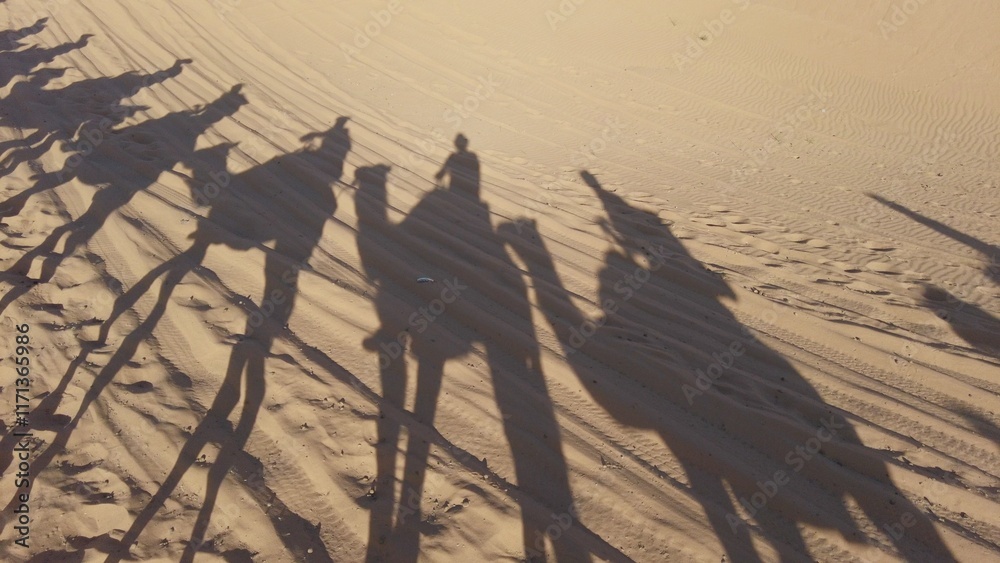 Caravan going through the sand dunes in the Sahara Desert, Morocco - Merzuga - tourist visit the desert on camels during the holidays - adventure and freedom during a trip , safari - organized travel