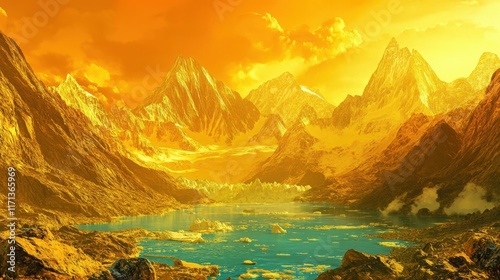 Towering Asia Pacific mountain glacier thawing under vivid golden sunlight, surrounded by turquoise meltwater lakes, jagged rocks, and lush valleys, a powerful visual of climate change impact