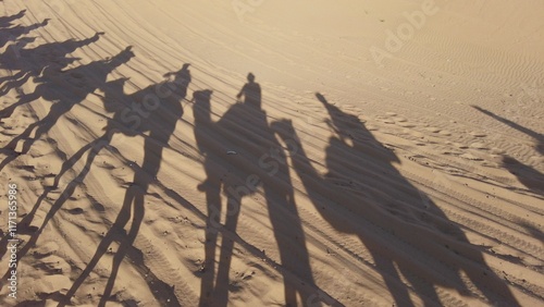 Obraz na płótnie Caravan going through the sand dunes in the Sahara Desert, Morocco - Merzuga - tourist visit the desert on camels during the holidays - adventure and freedom during a trip , safari - organized travel w salonie