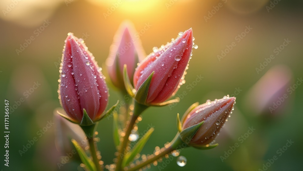 Close-Up of Pink Dew-Covered Flowers at Sunrise in Soft Focus
Close-Up of Pink Dew-Covered Flowers at Sunrise in Soft Focus