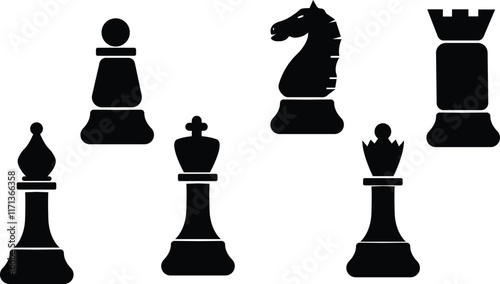 Chess pieces in outline and silhouette style, Set for a board game of chess,King, queen, bishop, knight, rook, pawn flat vector icons, Chess pieces black and white,Team with chess pieces