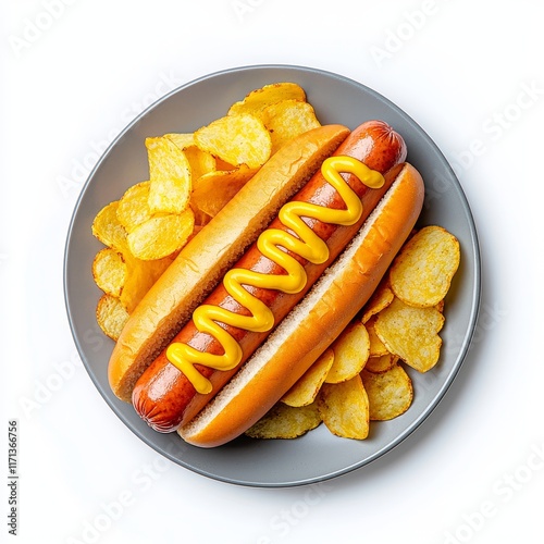 A tasty hotdog with mustard and potato chips, displayed on a clear background.
