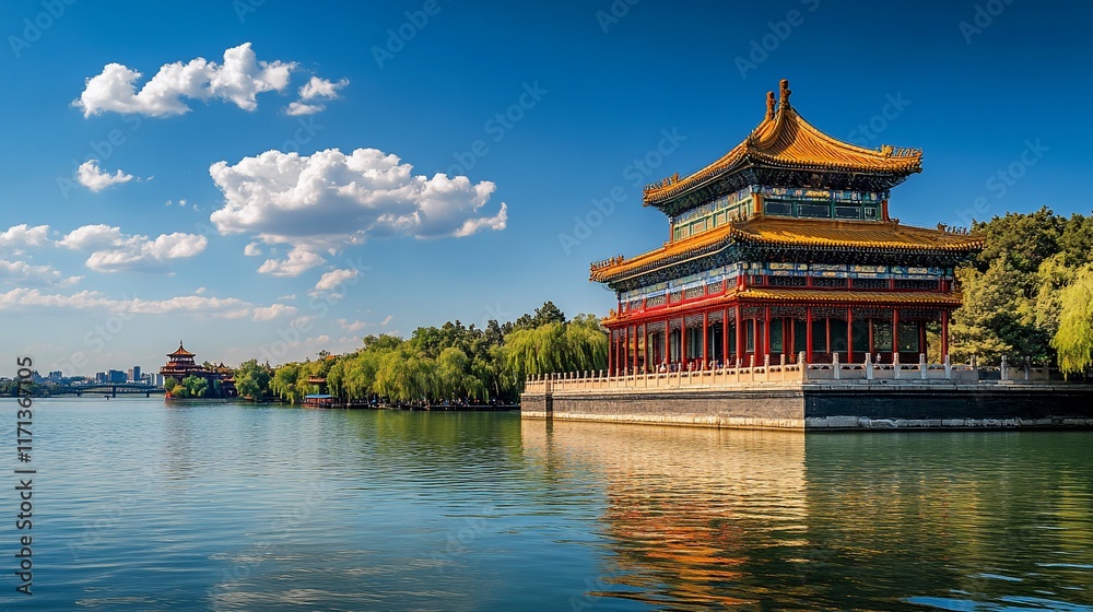 Picturesque Chinese temple complex on a lake under a clear sky. Picturesque Chinese temple complex on a lake under a clear sky.