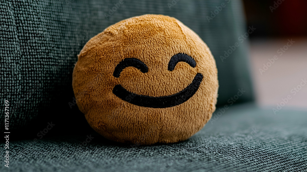 A plush smiley face pillow rests on a green couch, exuding warmth and comfort in a cozy setting. A plush smiley face pillow rests on a green couch, exuding warmth and comfort in a cozy setting.