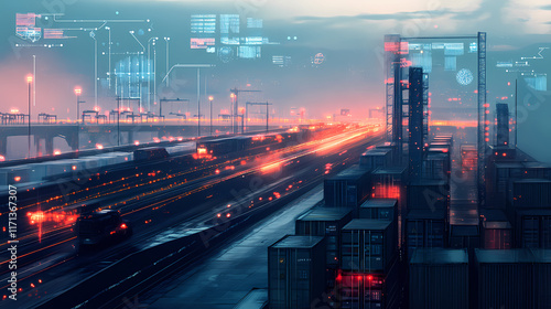 A stunning glimpse into modern logistics at dusk, highlighting connectivity and efficiency. Twilit. Illustration