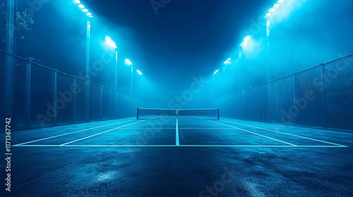 Foggy night tennis court illuminated by blue lights.