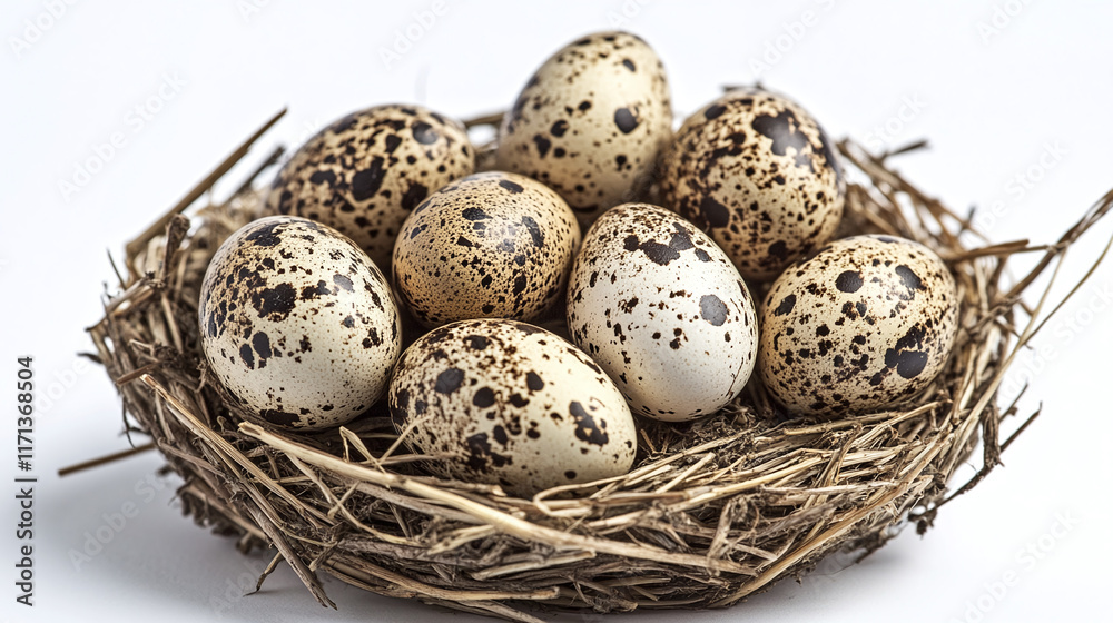 Closeup of eggs in a nest isolated on white background. organic protein food from bird animal on a farm, straw, rural.