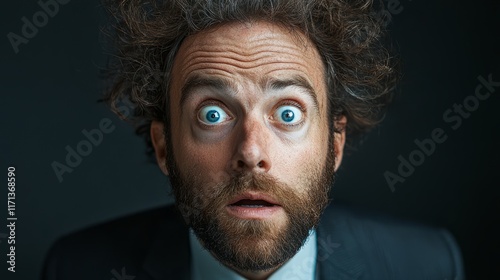 A man in a suit displays wide-eyed astonishment with tousled hair under dramatic lighting, creating an engaging and intense emotional atmosphere photo