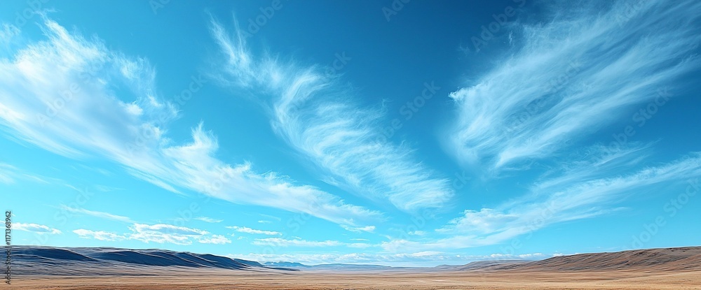 Fototapeta premium Dramatic cloudscape over a vast, flat desert landscape under a vibrant blue sky.