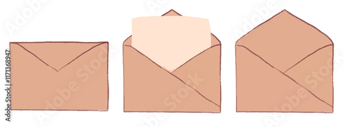 Vector set of craft envelopes in different positions. Open and closed envelope hand-drawn