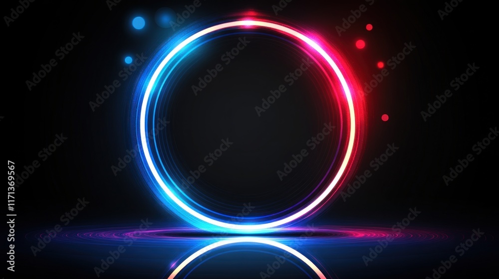 Obraz premium Abstract glowing neon circle frame with reflection on dark background.