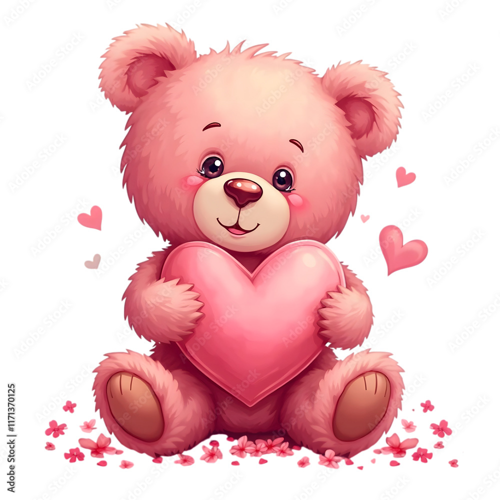 Obraz premium Adorable valentine teddy bear sitting with pink heart isolated on a transparent background
