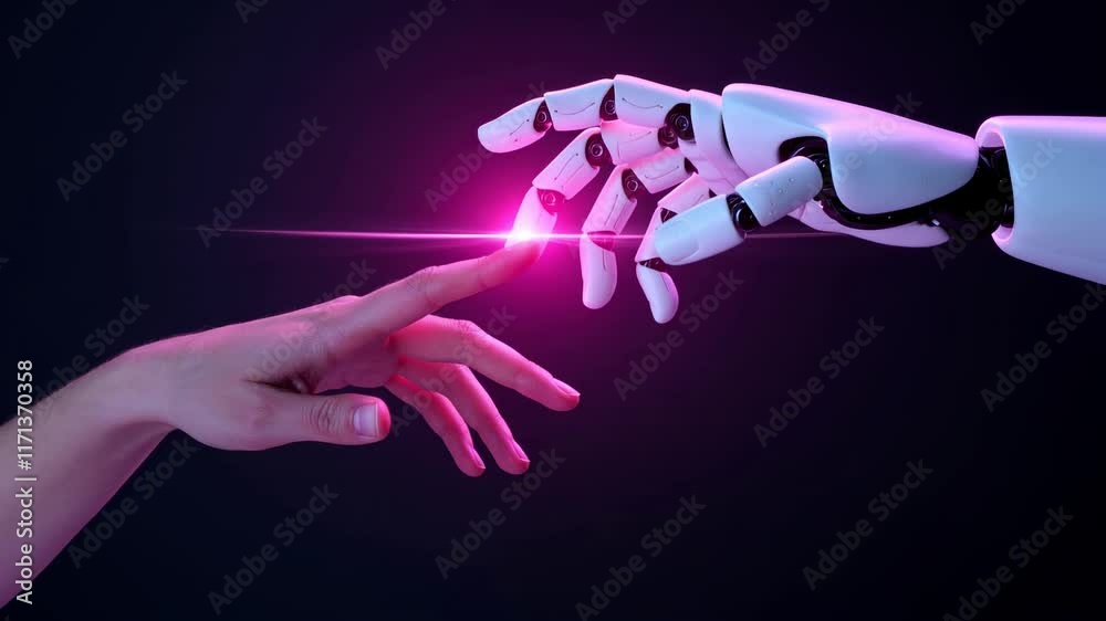 Symbolic interaction of human and AI hands, glowing with neon light, in a futuristic holographic world representing unity and collaboration