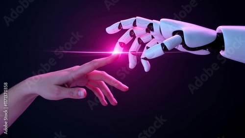 Symbolic interaction of human and AI hands, glowing with neon light, in a futuristic holographic world representing unity and collaboration