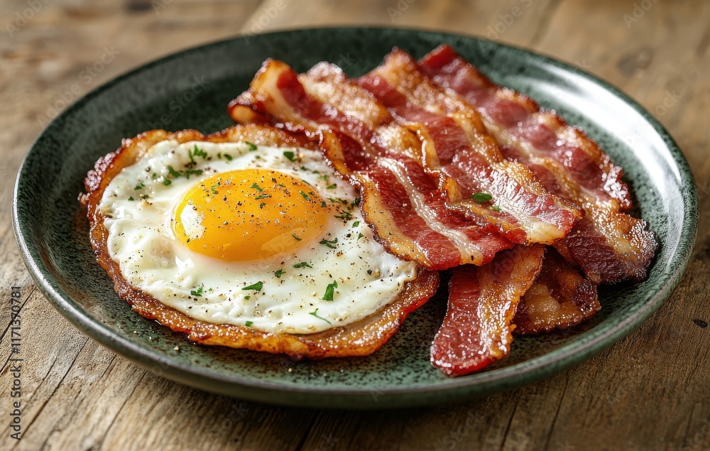 Crispy Bacon Strips and Sunny Side Up Egg on a Rustic Plate Against a Wooden Background for Breakfast Enthusiasts and Food Photography Crispy Bacon Strips and Sunny Side Up Egg on a Rustic Plate Against a Wooden Background for Breakfast Enthusiasts and Food Photography