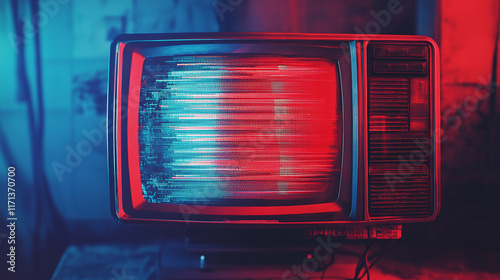 Television tv noise glitch effect in red and blue colors. grunge old digital vhs pixel with bad signal, static analog display interference grain, retro video distortion overlay from and