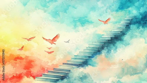 A vibrant watercolor painting of a staircase ascending through colorful clouds, with birds flying, symbolizing hope and freedom.
