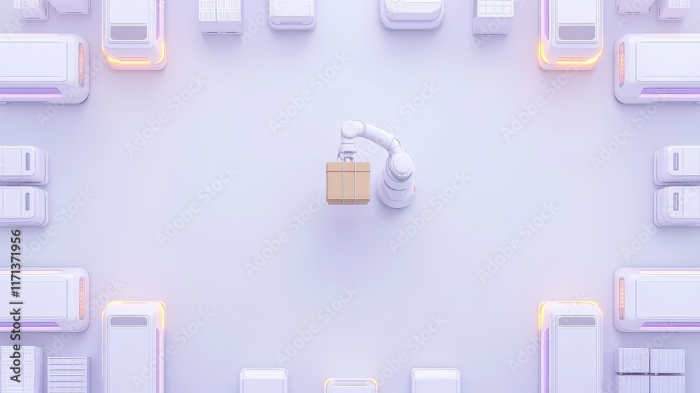 A minimalist image depicting a robotic arm lifting a small box amidst a cluster of white, modern storage units. A minimalist image depicting a robotic arm lifting a small box amidst a cluster of white, modern storage units.
