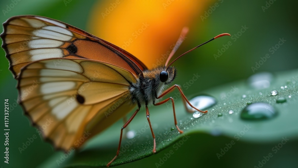 Transparent Winged Butterfly Resting Gracefully on a Green Leaf Outdoors

