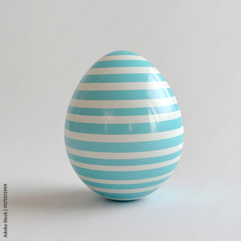 Striped Turquoise and White Egg Floating on Empty White Background Striped Turquoise and White Egg Floating on Empty White Background