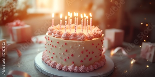 Delicious birthday cake with pink frosting and candles.