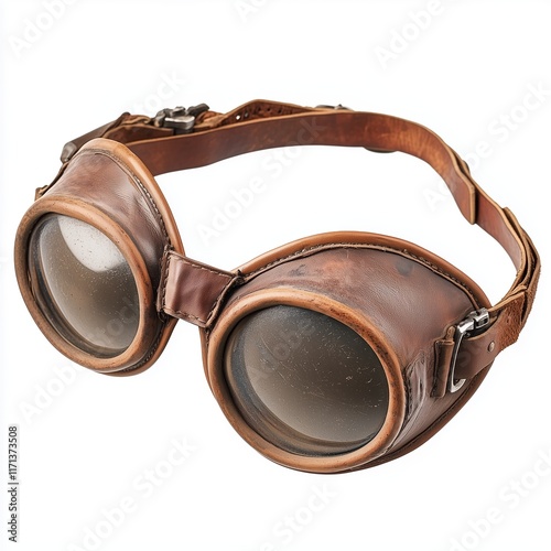 Vintage aviator goggles showcasing classic design and leather detailing, isolated on white. 